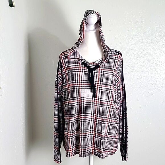 No Comment Red, Black & White Houndstooth Hoodie Pullover Top, Size 2X - Picture 2 of 9